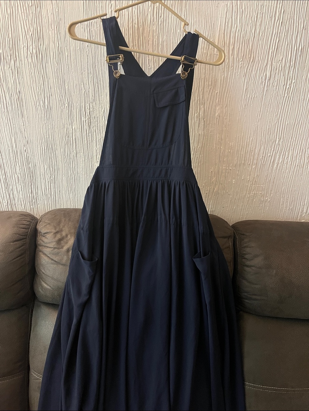 Navy Pinafore Overall Maxi Dress with Pocket Apron